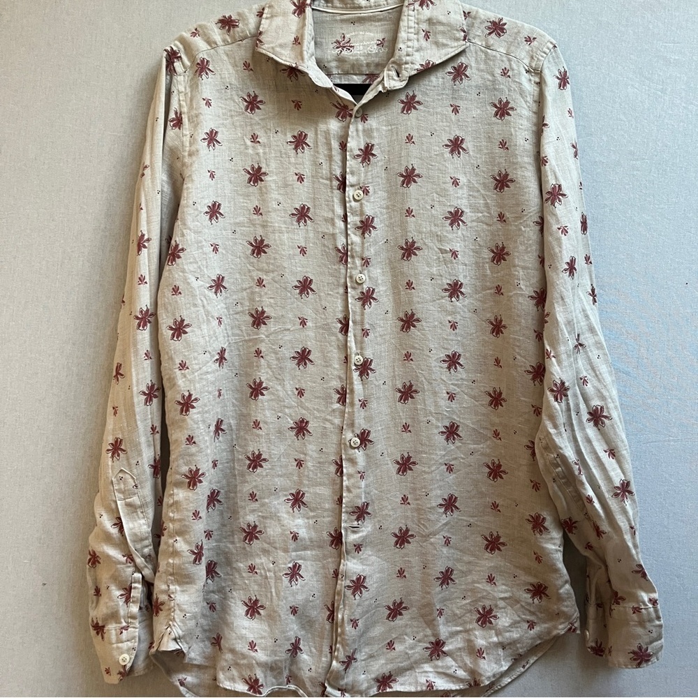 Camicissima 100% Linen Beige Floral Button Up Shirt Sz 38/ US M